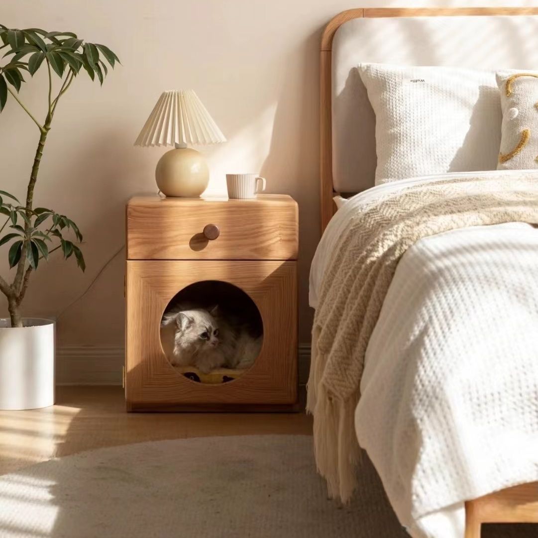 Nordic solid wood bedside table rubber wooden cat nest Nordic simple multifunctional storage cabinet bedroom sideboard for home pets