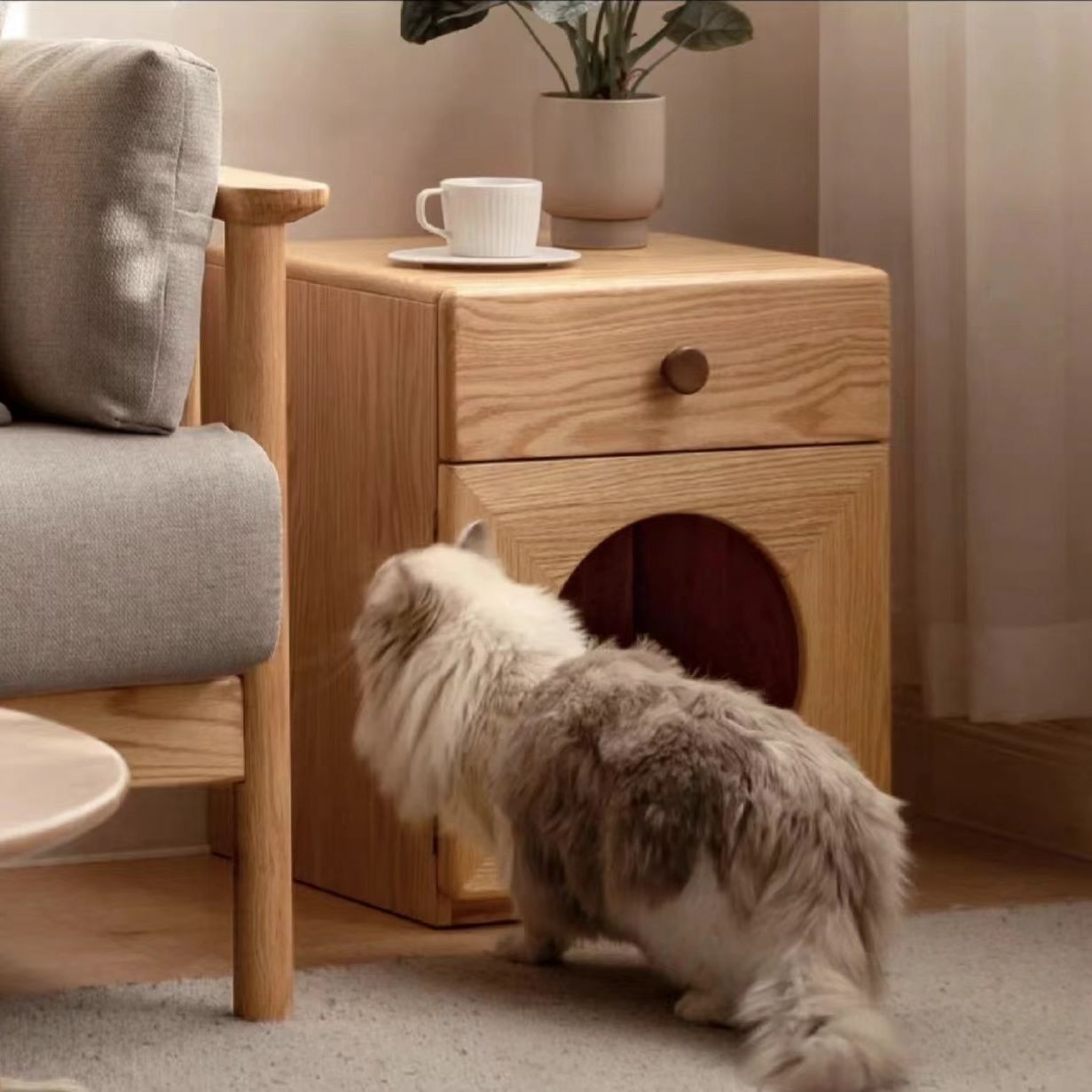 Nordic solid wood bedside table rubber wooden cat nest Nordic simple multifunctional storage cabinet bedroom sideboard for home pets